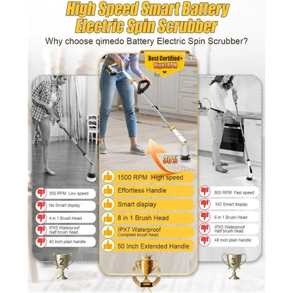 Electric Spin Scrubber with Two Batteries Q2 Pro,Shower Cordless Cleaning Brush with Display(Effortless Handle/8 Brushes)
