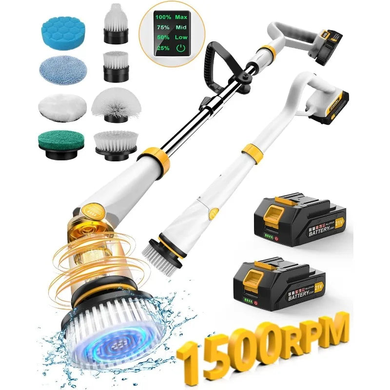 Electric Spin Scrubber with Two Batteries Q2 Pro,Shower Cordless Cleaning Brush with Display(Effortless Handle/8 Brushes)