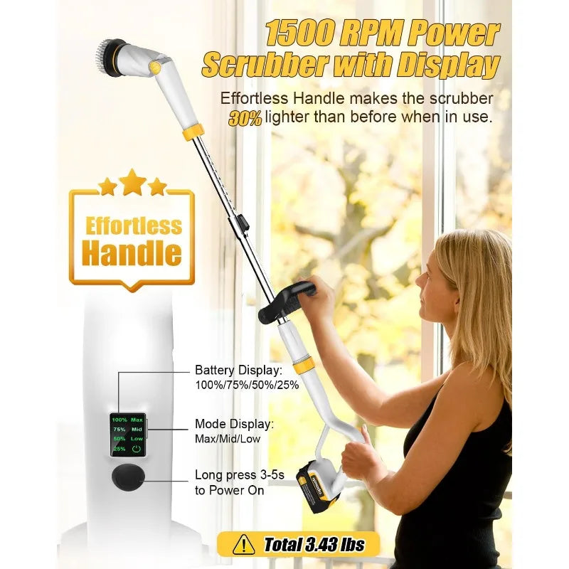 Electric Spin Scrubber with Two Batteries Q2 Pro,Shower Cordless Cleaning Brush with Display(Effortless Handle/8 Brushes)