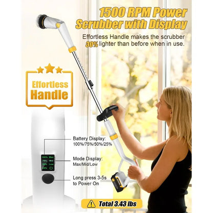 Electric Spin Scrubber with Two Batteries Q2 Pro,Shower Cordless Cleaning Brush with Display(Effortless Handle/8 Brushes)